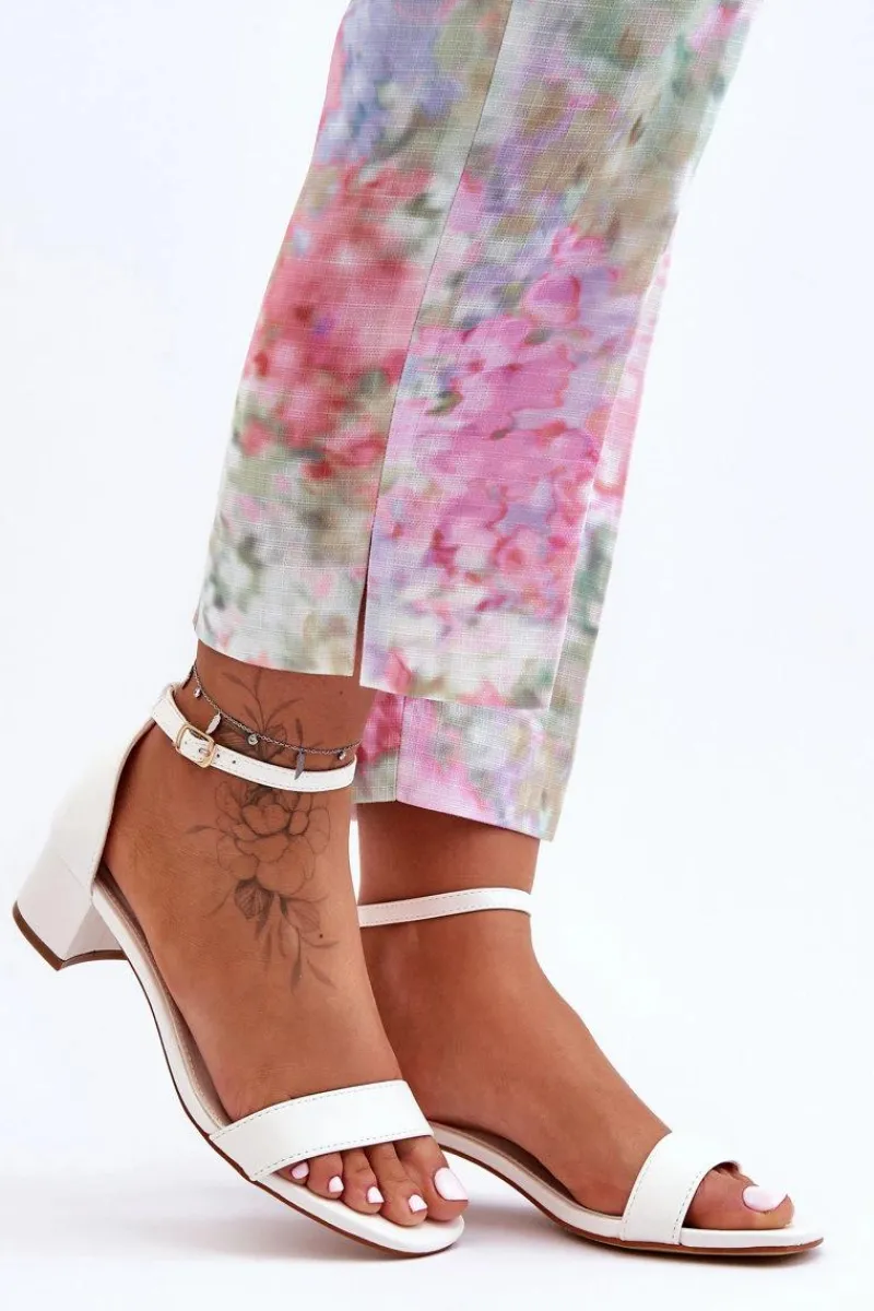 Skórzane Sandałki Na Obcasie Gładkie Białe Inspire Me! Damskie Sandały Na Obcasie