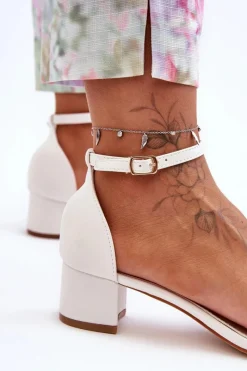 Skórzane Sandałki Na Obcasie Gładkie Białe Inspire Me! Damskie Sandały Na Obcasie