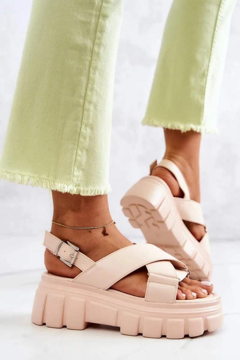 Sandały Płaskie>Evento Skórzane Sandałki Na Platformie Jasnobeżowe Betti