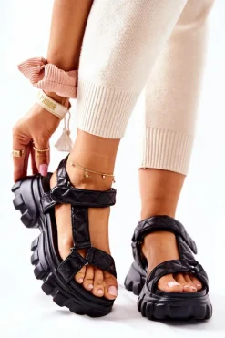 Best Skórzane Sandałki Na Platformie Czarne Promissy Damskie Sandały Na Koturnie