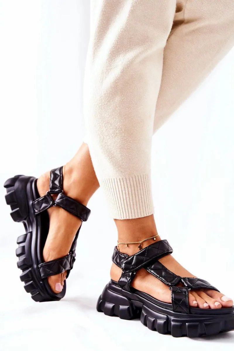 Best Skórzane Sandałki Na Platformie Czarne Promissy Damskie Sandały Na Koturnie