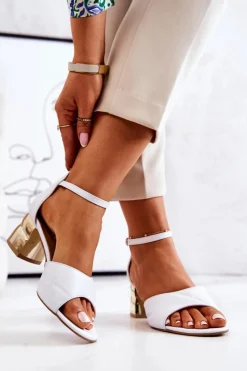 Best Skórzane Sandałki Na Słupku Lewski 3027 Białe Damskie Sandały Na Obcasie