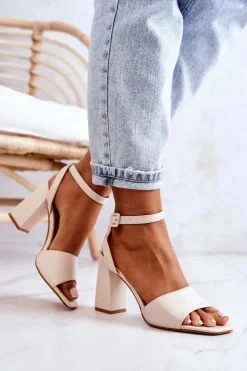 Clearance Boto Skórzane Sandałki Na Słupku Beżowe Estrella