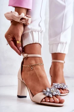 Sandały Na Obcasie>Boto Skórzane Sandałki Na Słupku Z Ozdobą Beżowe Milessa