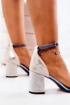 Skórzane Sandałki Na Słupku Przecierane Niebieskie Lorene Damskie Sandały Na Obcasie