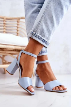 Boto Skórzane Sandałki Na Słupku Niebieskie Estrella