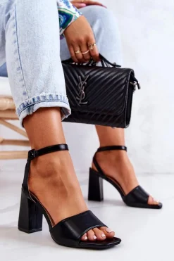 Best Skórzane Sandałki Na Słupku Czarne Estrella Damskie Sandały Na Obcasie