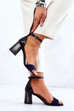 Sandały Na Obcasie>Boto Skórzane Sandałki Na Słupku Czarno-Granatowe Lorene