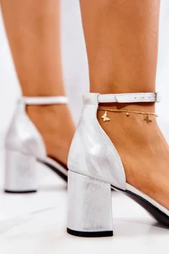 Skórzane Sandałki Na Słupku Przecierane Srebrne Lorene Damskie Sandały Na Obcasie