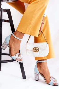 Sandały Na Obcasie>Boto Skórzane Sandałki Na Słupku Z Kryształkami Niebieskie Velinda