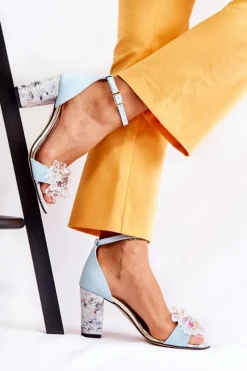 Sandały Na Obcasie>Boto Skórzane Sandałki Na Słupku Z Kryształkami Niebieskie Velinda