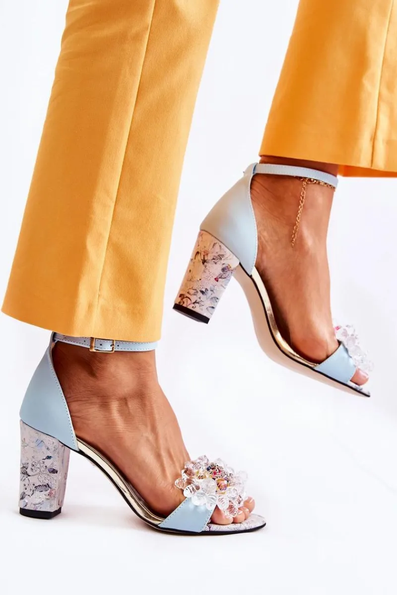 Sandały Na Obcasie>Boto Skórzane Sandałki Na Słupku Z Kryształkami Niebieskie Velinda