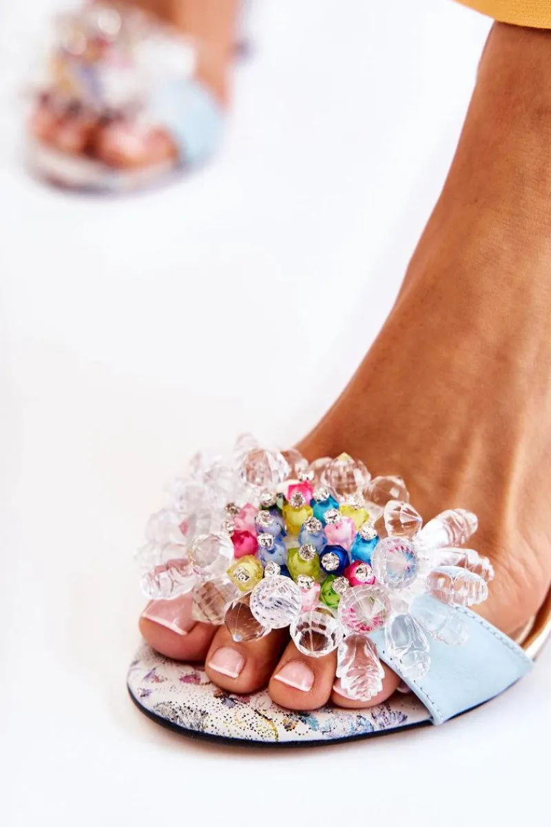 Sandały Na Obcasie>Boto Skórzane Sandałki Na Słupku Z Kryształkami Niebieskie Velinda