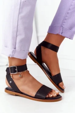 Clearance Skórzane Sandały Big Star HH274720 Czarne Damskie Sandały Big Star|Sandały Płaskie