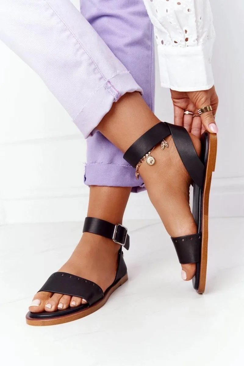 Clearance Skórzane Sandały Big Star HH274720 Czarne Damskie Sandały Big Star|Sandały Płaskie