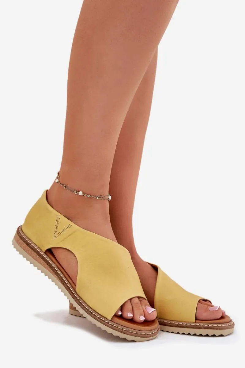 Clearance Skórzane Sandały Damskie 46C1015 Żółte Damskie Sandały Płaskie