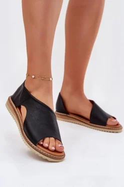 Best Skórzane Sandały Damskie 46C1016 Czarne Damskie Sandały Płaskie