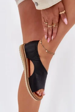 Best Skórzane Sandały Damskie 46C1016 Czarne Damskie Sandały Płaskie