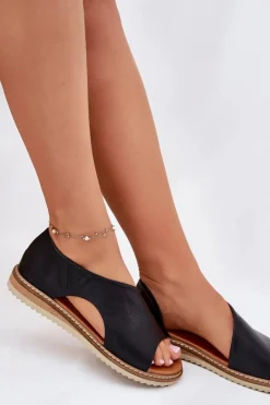 Best Skórzane Sandały Damskie 46C1016 Czarne Damskie Sandały Płaskie