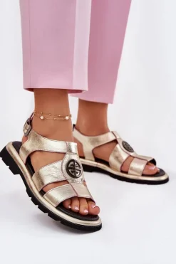 Skórzane Sandały Damskie Lakierowane Z Ozdobnym Detalem 56C0689 Złote Damskie Sandały Płaskie