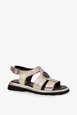 Skórzane Sandały Damskie Lakierowane Z Ozdobnym Detalem 56C0689 Złote Damskie Sandały Płaskie