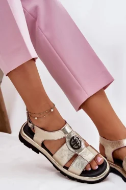 Skórzane Sandały Damskie Lakierowane Z Ozdobnym Detalem 56C0689 Złote Damskie Sandały Płaskie