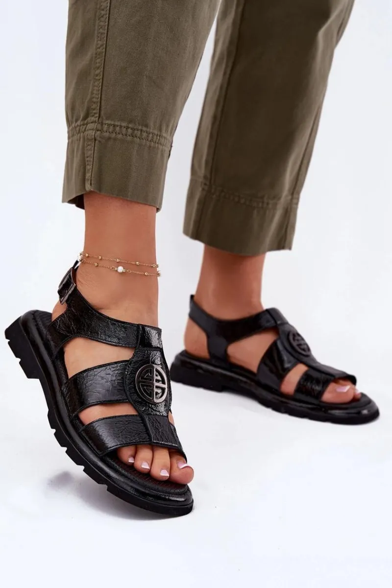 Sandały Płaskie>Artiker Skórzane Sandały Damskie Lakierowane Z Ozdobnym Detalem 56C0691 Czarne Czarny