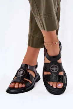 Sandały Płaskie>Artiker Skórzane Sandały Damskie Lakierowane Z Ozdobnym Detalem 56C0691 Czarne Czarny