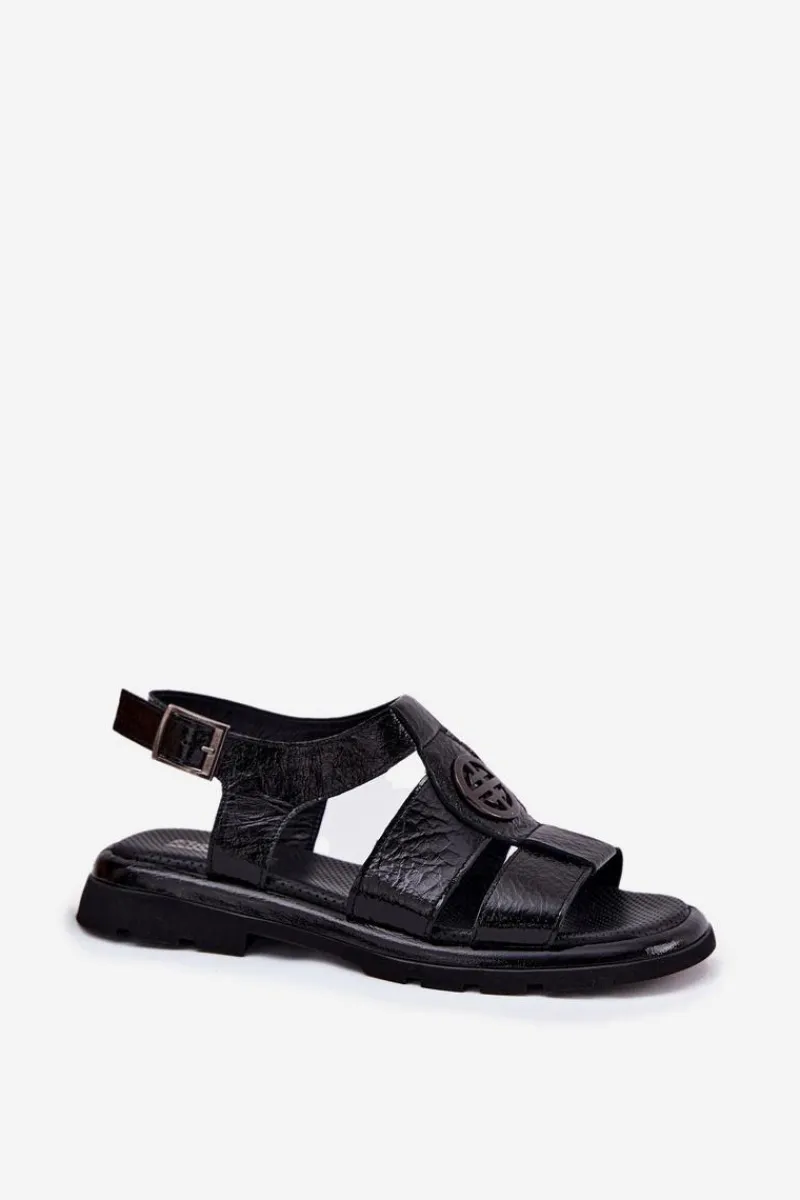 Sandały Płaskie>Artiker Skórzane Sandały Damskie Lakierowane Z Ozdobnym Detalem 56C0691 Czarne Czarny