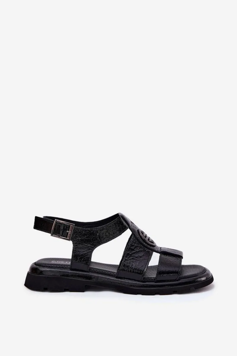 Sandały Płaskie>Artiker Skórzane Sandały Damskie Lakierowane Z Ozdobnym Detalem 56C0691 Czarne Czarny