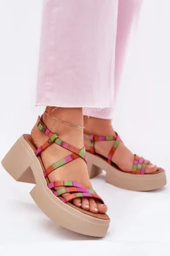 Online Skórzane Sandały Damskie 06990-39 Multikolor Damskie Sandały Na Obcasie