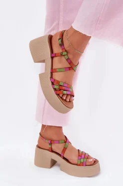 Online Skórzane Sandały Damskie 06990-39 Multikolor Damskie Sandały Na Obcasie
