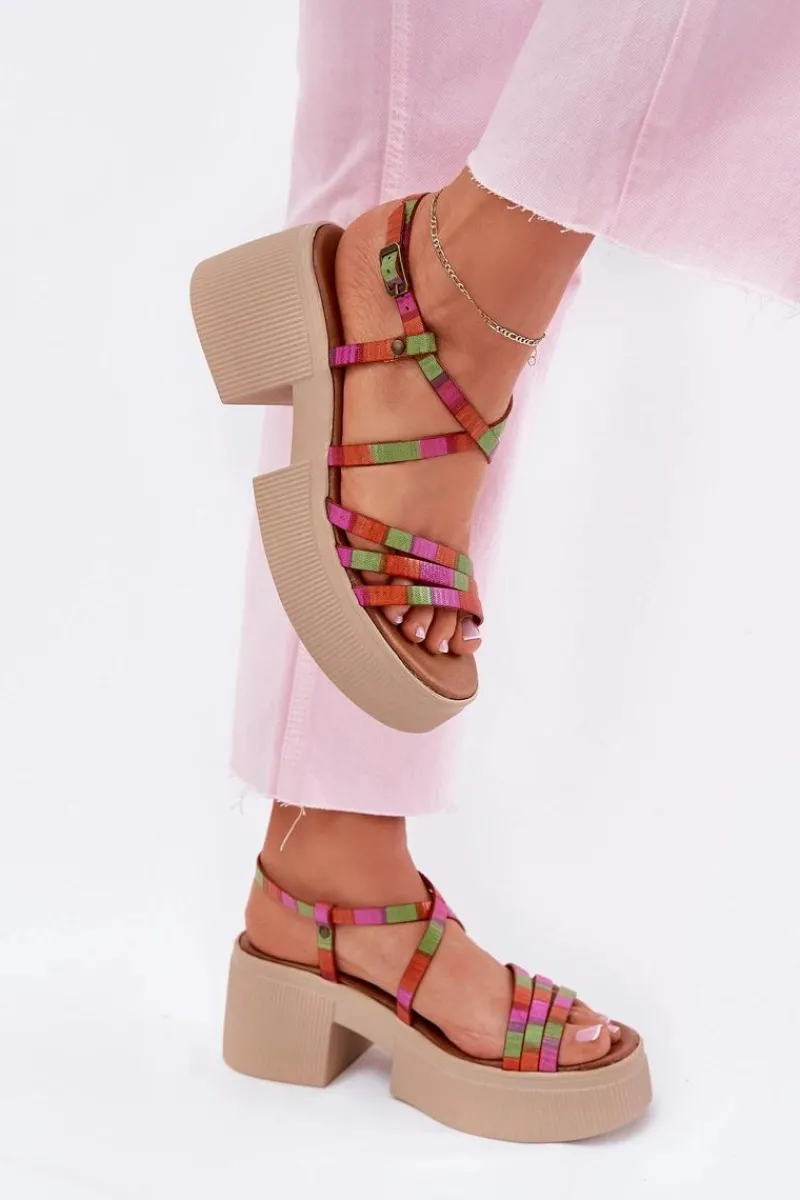 Online Skórzane Sandały Damskie 06990-39 Multikolor Damskie Sandały Na Obcasie