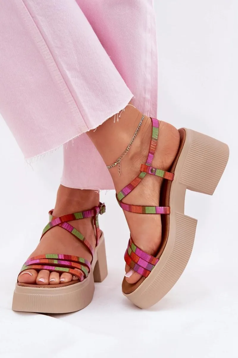 Online Skórzane Sandały Damskie 06990-39 Multikolor Damskie Sandały Na Obcasie