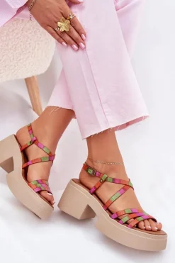 Online Skórzane Sandały Damskie 06990-39 Multikolor Damskie Sandały Na Obcasie