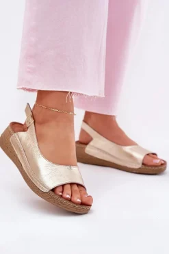 Sandały Na Koturnie>Maciejka Skórzane Sandały Damskie Na Koturnie L7069 -25 Złote Złoty