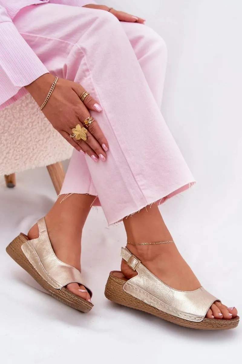 Sandały Na Koturnie>Maciejka Skórzane Sandały Damskie Na Koturnie L7069 -25 Złote Złoty