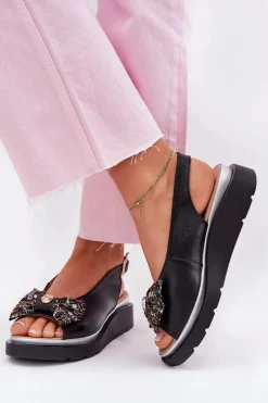 Online Zazoo Skórzane Sandały Damskie Na Koturnie Z Kokardą 1882 Czarne Czarny