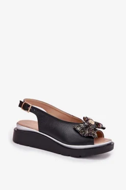 Online Zazoo Skórzane Sandały Damskie Na Koturnie Z Kokardą 1882 Czarne Czarny