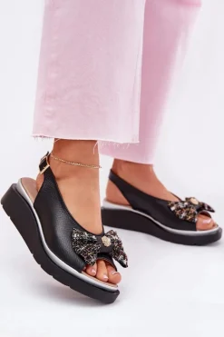 Online Zazoo Skórzane Sandały Damskie Na Koturnie Z Kokardą 1882 Czarne Czarny