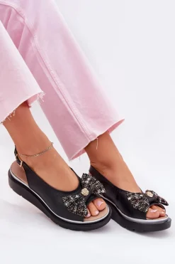 Online Zazoo Skórzane Sandały Damskie Na Koturnie Z Kokardą 1882 Czarne Czarny