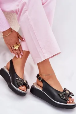 Online Zazoo Skórzane Sandały Damskie Na Koturnie Z Kokardą 1882 Czarne Czarny