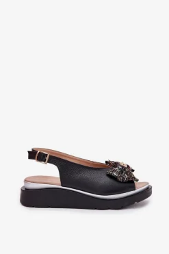 Online Zazoo Skórzane Sandały Damskie Na Koturnie Z Kokardą 1882 Czarne Czarny