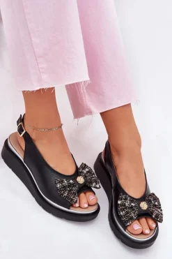 Online Zazoo Skórzane Sandały Damskie Na Koturnie Z Kokardą 1882 Czarne Czarny