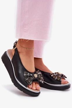 Online Zazoo Skórzane Sandały Damskie Na Koturnie Z Kokardą 1882 Czarne Czarny