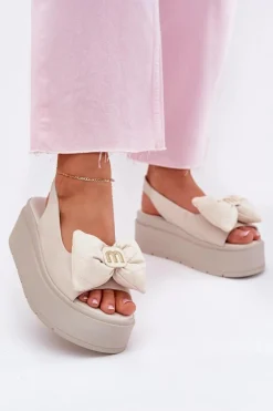 Sandały Na Koturnie|Sandały Płaskie>CheBello Skórzane Sandały Damskie Na Platformie Z Kokardą 4641 Beżowe