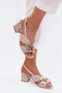 Discount Skórzane Sandały Damskie Na Słupku Z Kwiatami 2950 Beżowe Damskie Sandały Na Słupku|Sandały Na Obcasie