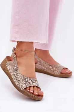 Discount Maciejka Skórzane Sandały Damskie Na Koturnie L7069-04 Beżowe Beżowy