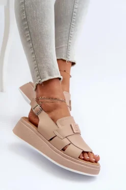 Best Evento Skórzane Sandały Damskie Na Platformie I Koturnie Ciemnobeżowe Vivitellia