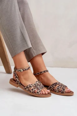 Hot Skórzane Sandały Damskie Na Płaskim Obcasie Panterka Zazoo 3688 Brązowe Damskie Sandały Płaskie